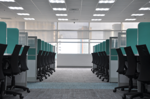 A line of cubicles in an office building.