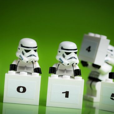 Lego figures above blocks with the numbers 2015